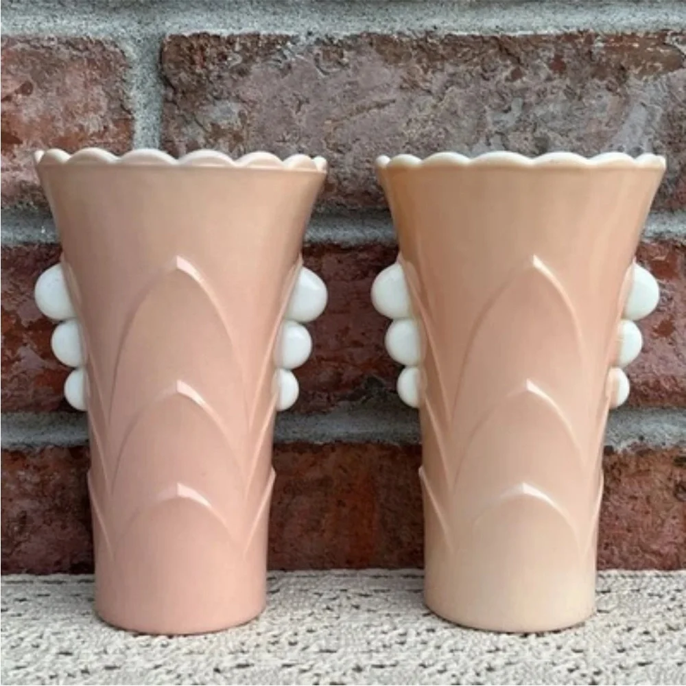 Vintage Anchor Hocking Fired On Pink Vitrock Scalloped Art Deco Style Vases